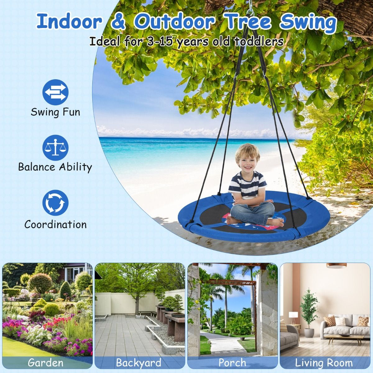 Indoor and Outdoor Flying Swing with Adjustable Hanging Ropes for Kids
