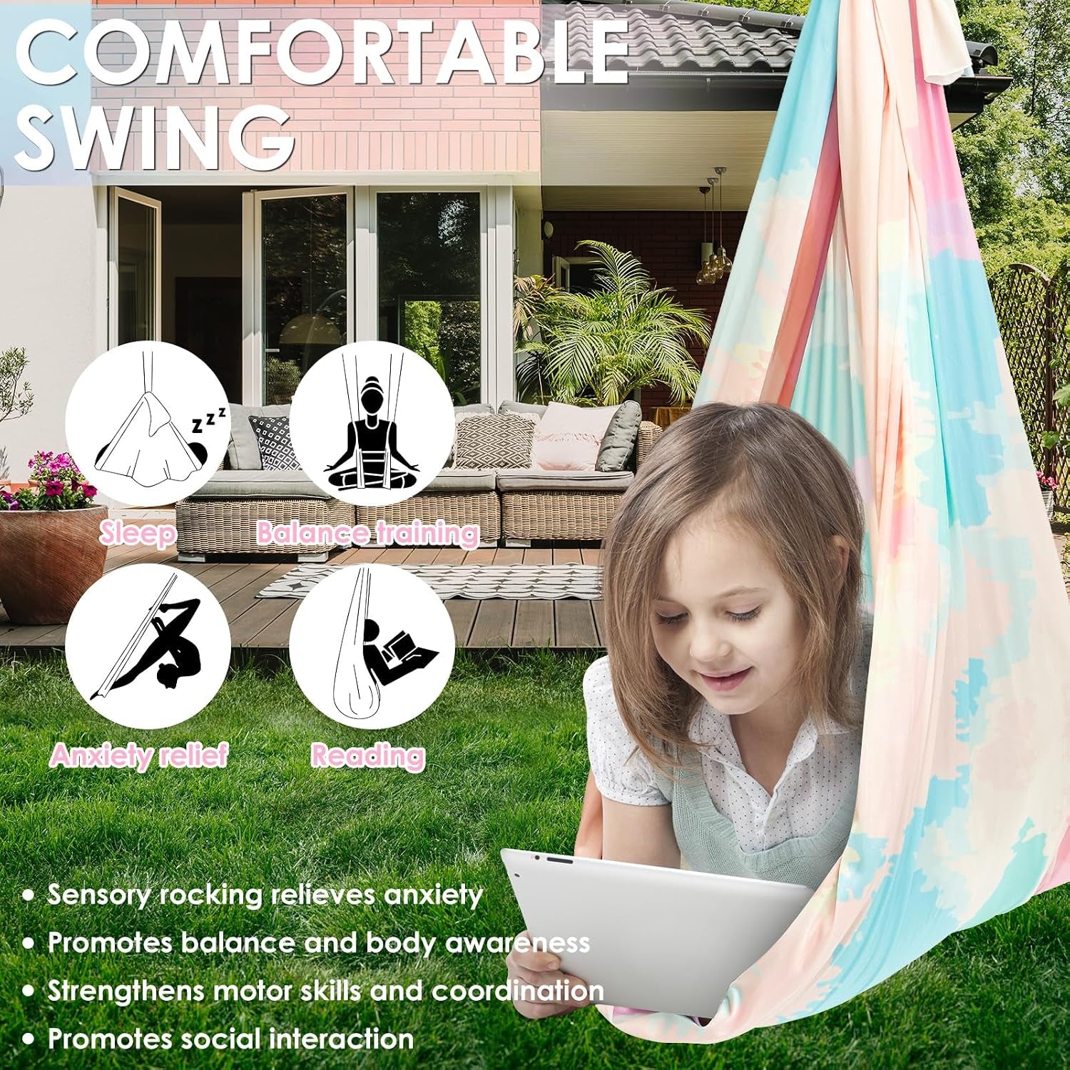 Sensory Swing, Cuddle Swing with 360° Swivel Hanger Kit, Therapy for Child & Adult with Autism ADHD Aspergers Sensory Integration (Colorful Print)