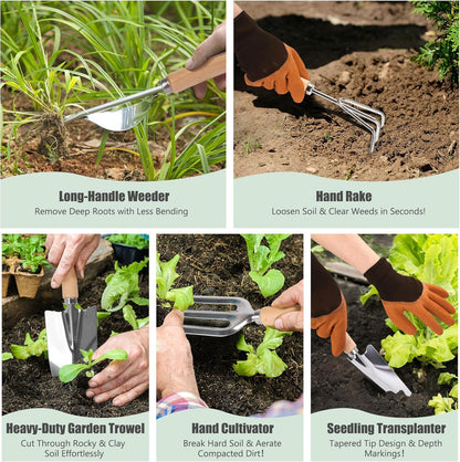 Gardening Tools 10-Piece Heavy Duty Gardening Hand Tools with Fashion and Durable Garden Tools Organizer Handbag,Rust-Proof Garden Tool Set, Ideal Gardening Gifts for Women