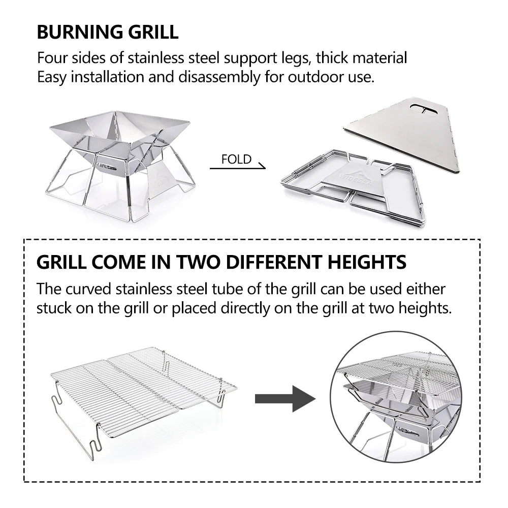 Windproof Wood-Burning Camping Grill Outdoor Stainless Steel Wilderness Survival BBQ Equipment for Tourists