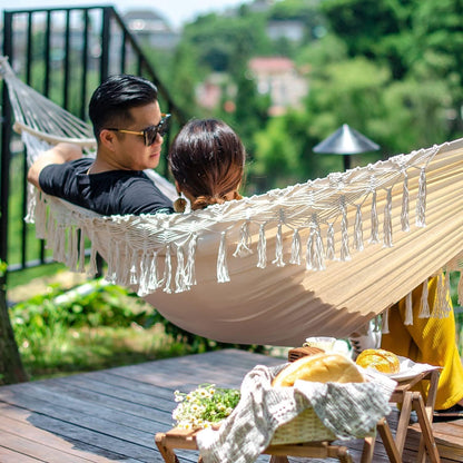Hammock Hanging Swing, Wide Seat Indoor Outdoor Handmade Cream Cotton Hammocks with Tie Straps Steel Hooks Crescent Wooden Poles and Carry Bag for Bedroom Patio Backyard Balcony Garden