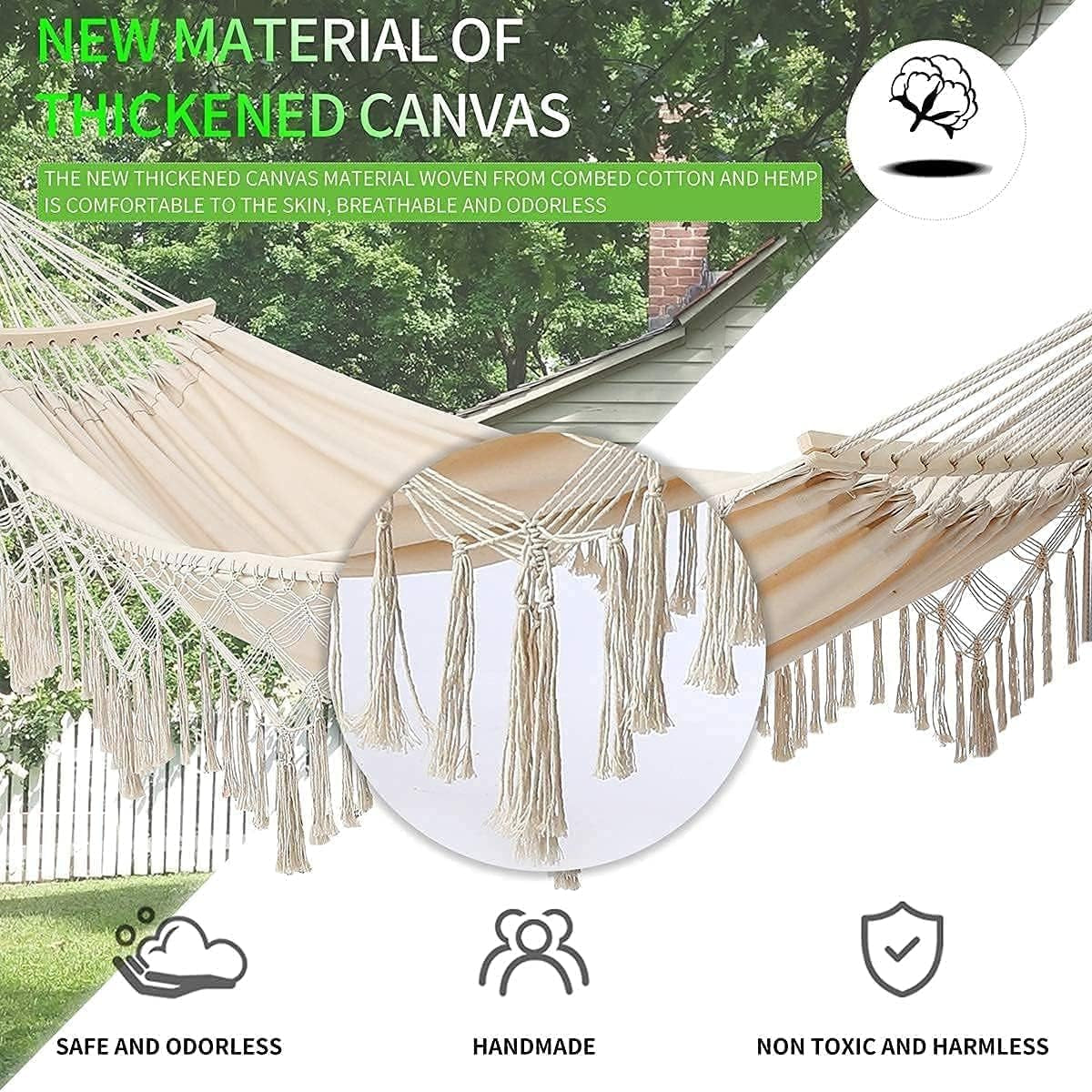 Hammock Hanging Swing, Wide Seat Indoor Outdoor Handmade Cream Cotton Hammocks with Tie Straps Steel Hooks Crescent Wooden Poles and Carry Bag for Bedroom Patio Backyard Balcony Garden