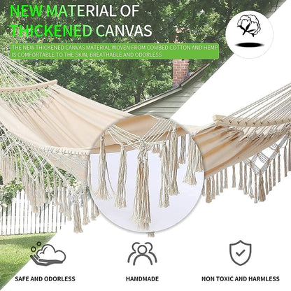 Hammock Hanging Swing, Wide Seat Indoor Outdoor Handmade Cream Cotton Hammocks with Tie Straps Steel Hooks Crescent Wooden Poles and Carry Bag for Bedroom Patio Backyard Balcony Garden