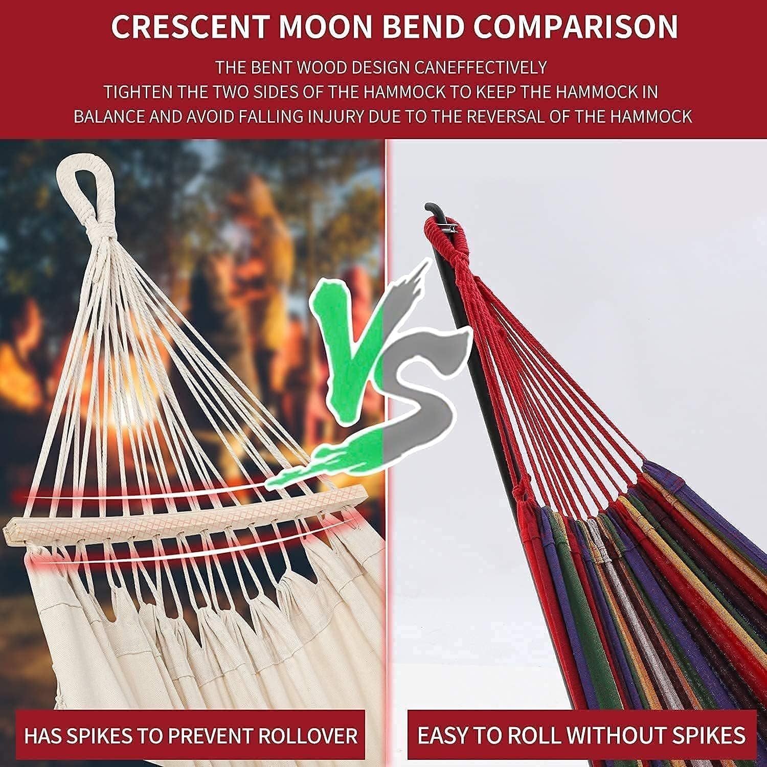 Hammock Hanging Swing, Wide Seat Indoor Outdoor Handmade Cream Cotton Hammocks with Tie Straps Steel Hooks Crescent Wooden Poles and Carry Bag for Bedroom Patio Backyard Balcony Garden