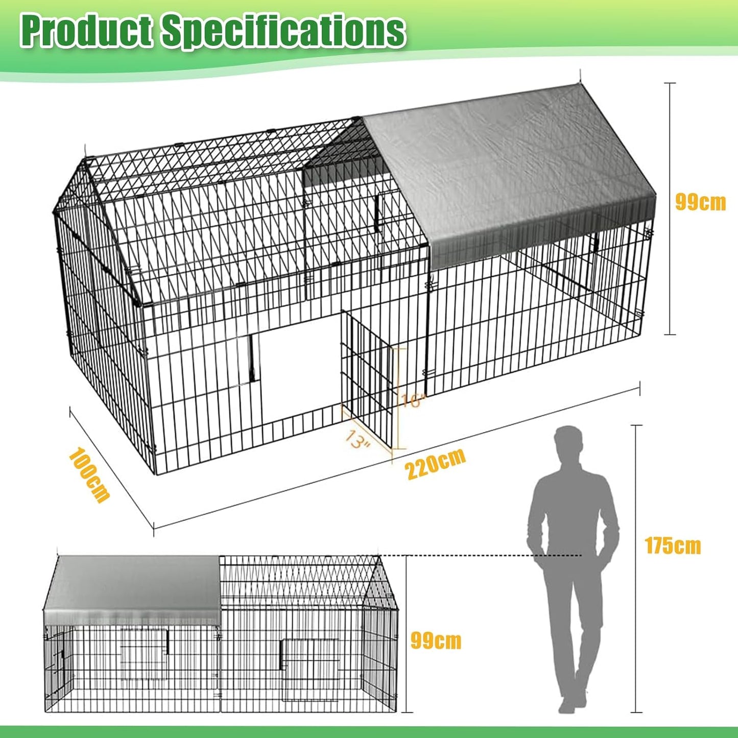 Large Metal Chicken Coop, 220X100Cm Chicken Run Cage, Heavy Duty Duck Cages for Yard, Portable Chicken Pens Outdoor with Top, Enclosure Crate Backyard for Small Animals Duck Rabbit Hen
