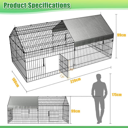 Large Metal Chicken Coop, 220X100Cm Chicken Run Cage, Heavy Duty Duck Cages for Yard, Portable Chicken Pens Outdoor with Top, Enclosure Crate Backyard for Small Animals Duck Rabbit Hen