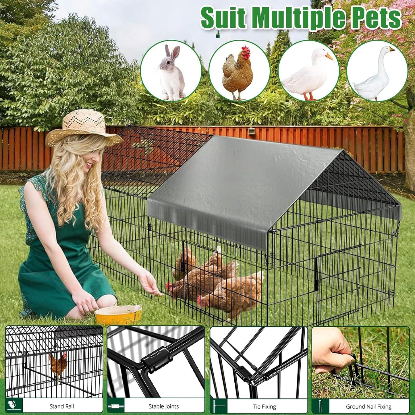 Large Metal Chicken Coop, 220X100Cm Chicken Run Cage, Heavy Duty Duck Cages for Yard, Portable Chicken Pens Outdoor with Top, Enclosure Crate Backyard for Small Animals Duck Rabbit Hen