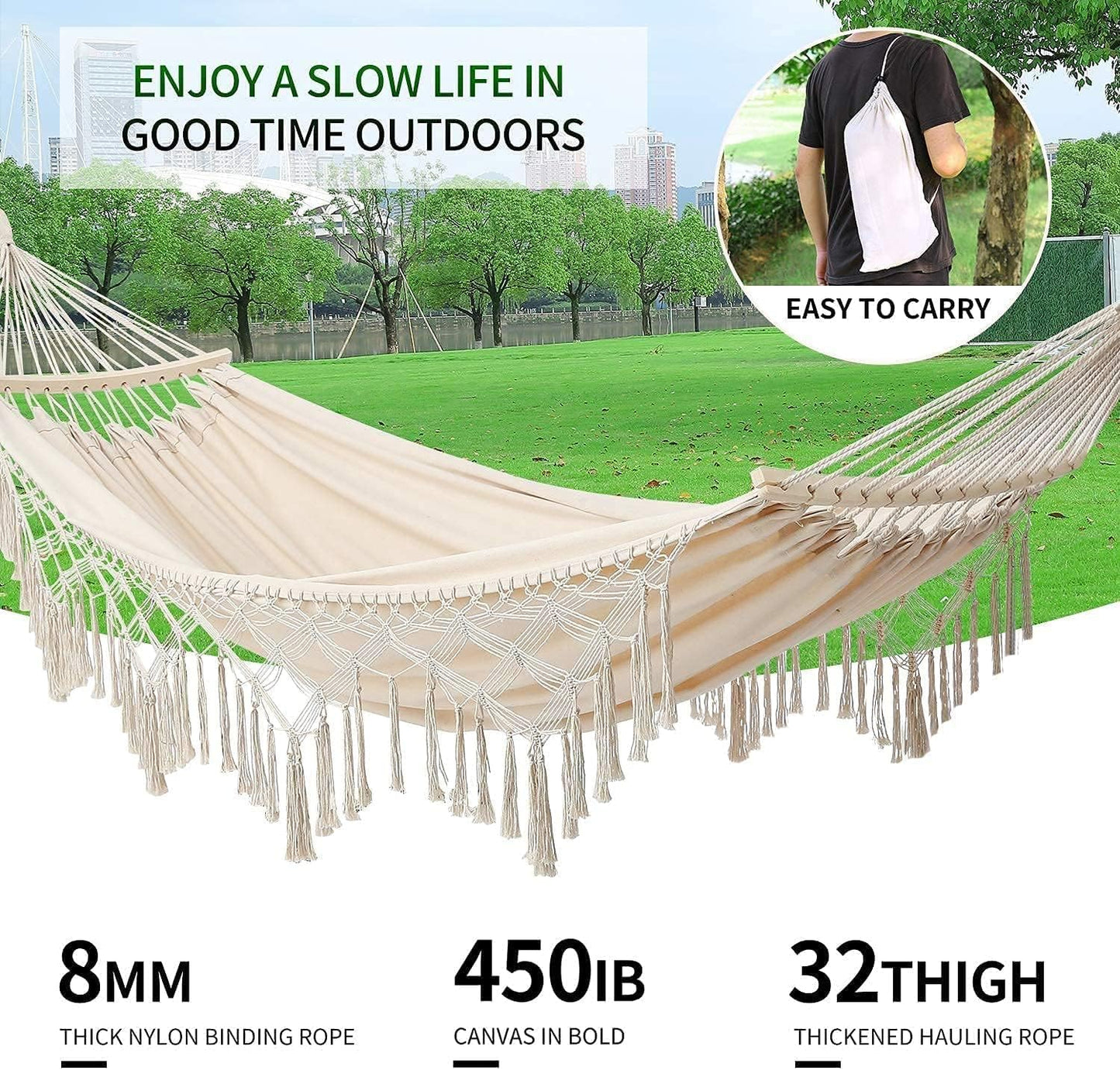 Hammock Hanging Swing, Wide Seat Indoor Outdoor Handmade Cream Cotton Hammocks with Tie Straps Steel Hooks Crescent Wooden Poles and Carry Bag for Bedroom Patio Backyard Balcony Garden