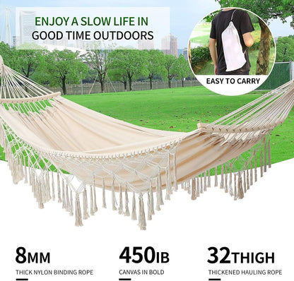 Hammock Hanging Swing, Wide Seat Indoor Outdoor Handmade Cream Cotton Hammocks with Tie Straps Steel Hooks Crescent Wooden Poles and Carry Bag for Bedroom Patio Backyard Balcony Garden