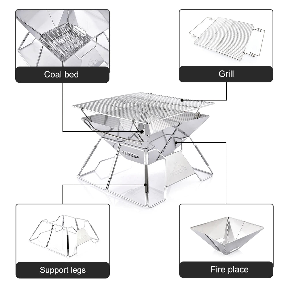 Windproof Wood-Burning Camping Grill Outdoor Stainless Steel Wilderness Survival BBQ Equipment for Tourists