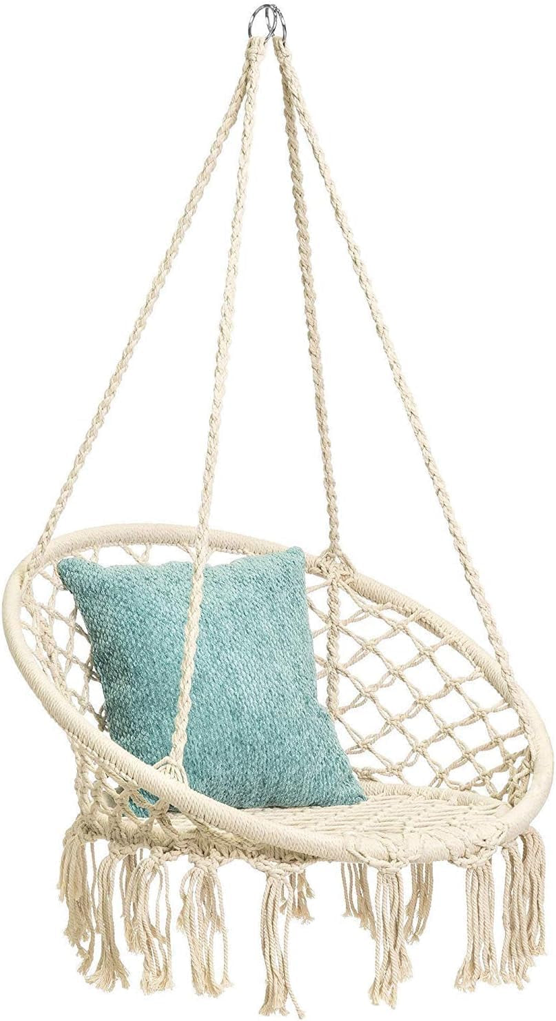 124CM Deluxe Hammock Chair Macrame Cotton Swing Bed, 150Kg Capacity, Outdoor/Indoor Hanging, Handmade Knitted Hanging Chair for Bedroom,Indoor,Outdoor, Balcony, Yard, Porch