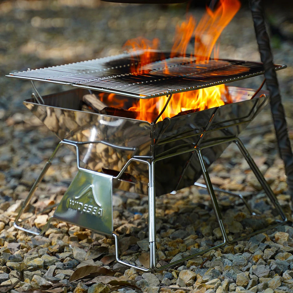 Windproof Wood-Burning Camping Grill Outdoor Stainless Steel Wilderness Survival BBQ Equipment for Tourists
