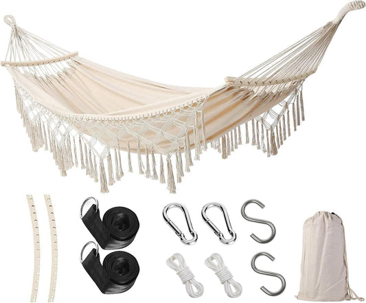 Hammock Hanging Swing, Wide Seat Indoor Outdoor Handmade Cream Cotton Hammocks with Tie Straps Steel Hooks Crescent Wooden Poles and Carry Bag for Bedroom Patio Backyard Balcony Garden