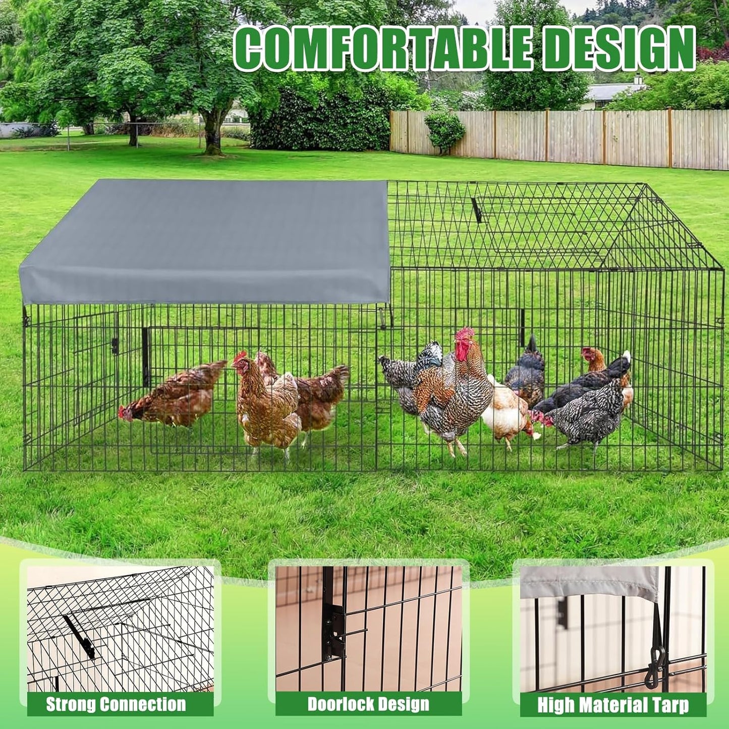 Large Metal Chicken Coop, 220X100Cm Chicken Run Cage, Heavy Duty Duck Cages for Yard, Portable Chicken Pens Outdoor with Top, Enclosure Crate Backyard for Small Animals Duck Rabbit Hen